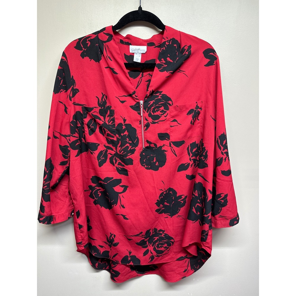 Jaclyn Smith Collection Red Black Floral Print Zipper Neck Women's‎ XL Top